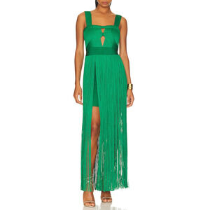 Herv� L�ger Contour Bust Wide Strap Fringe Green Gown Size XXS - NWT